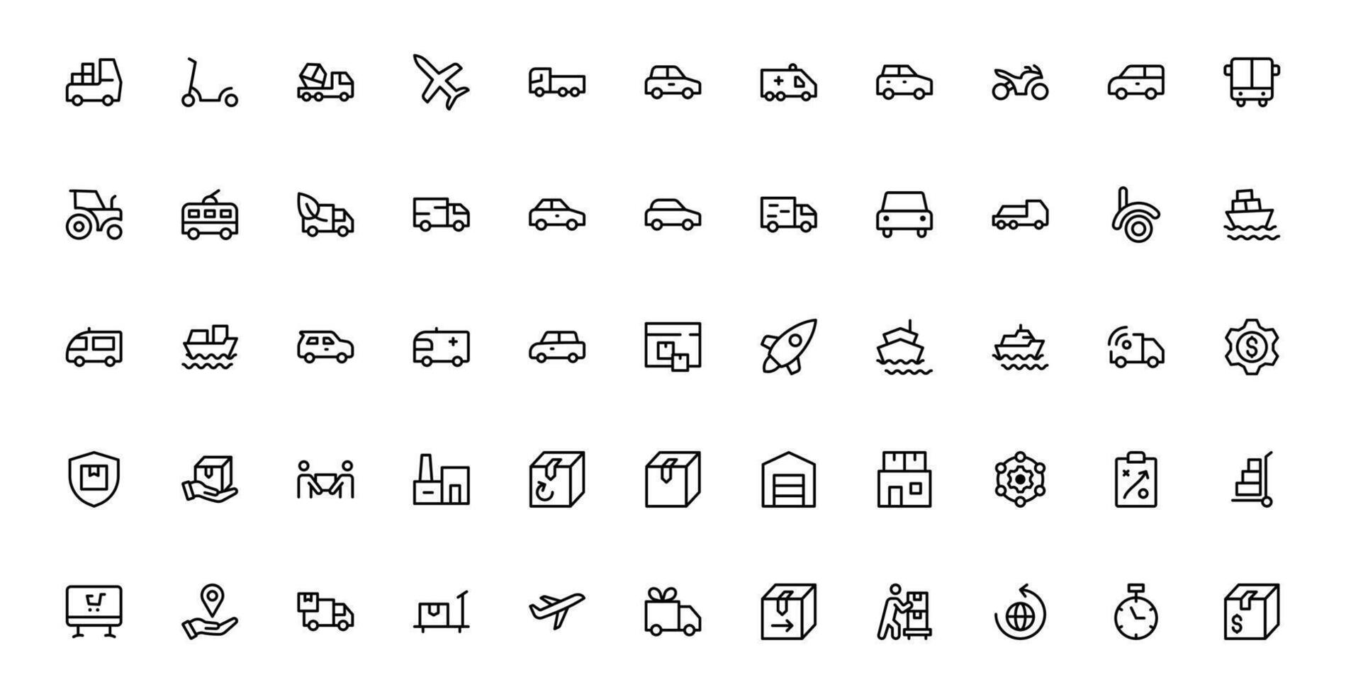Professional Transport and Logistics Icons set Bundle. This Set Includes Vehicles, Delivery, and Supply Chain Symbols for Efficient Projects. vector