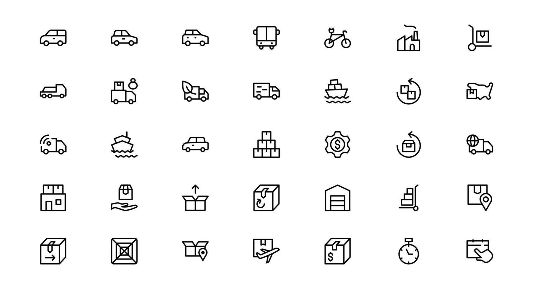 Professional Transport and Logistics Icons package. This Set Includes Vehicles, Delivery, and Supply Chain Symbols for Efficient Projects. vector