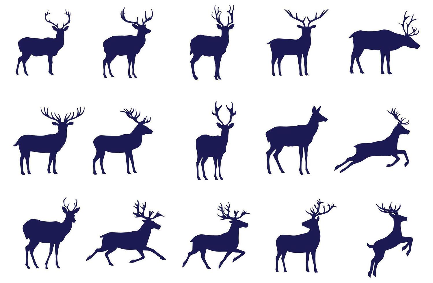 set of standing, running, and jumping deer with antlers on white background. vector