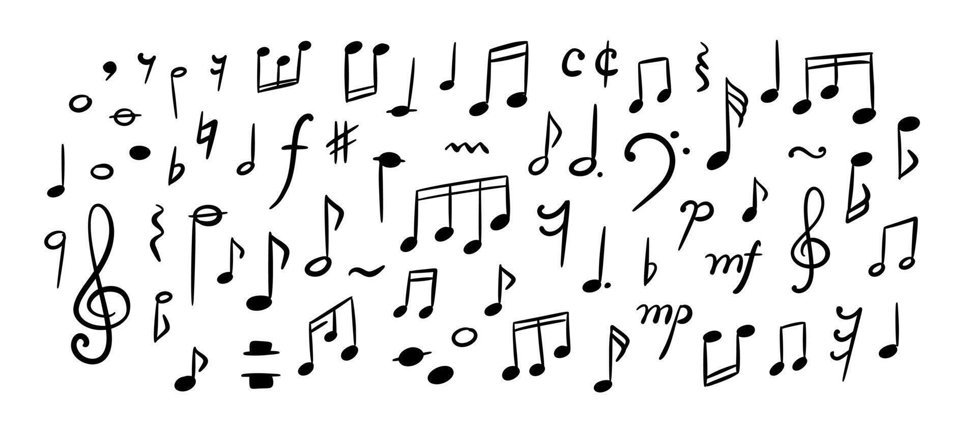 Hand drawn cute line doodle music notes and signs set. Crayon scribble background. Handwriting sketch illustration. Melody sound symbols. Whimsical chalk childish pattern vector