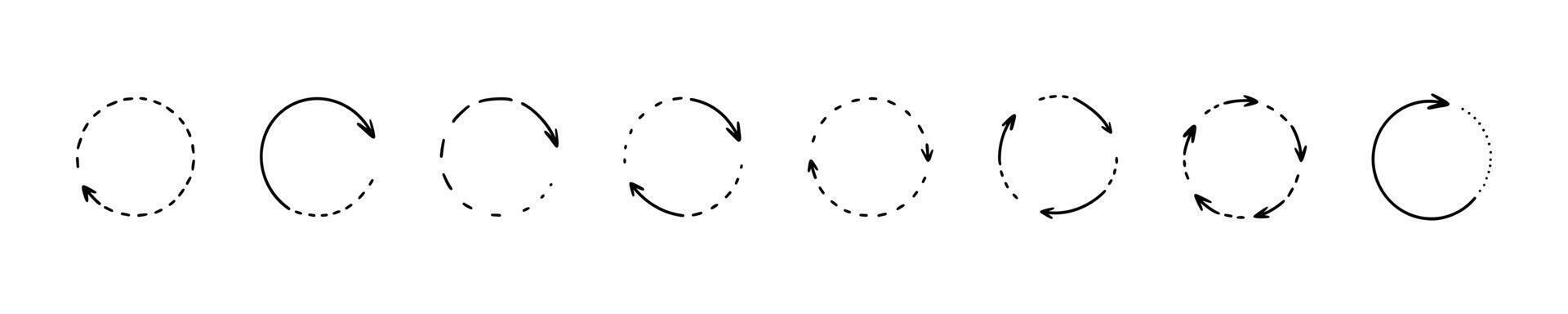 Set of dotted line thin round curve arrows. Recycle dash circle symbol. Handwritten doodle illustration. Reuse pencil, crayon, pen scribble icon. Childish drawing infographic diagram vector
