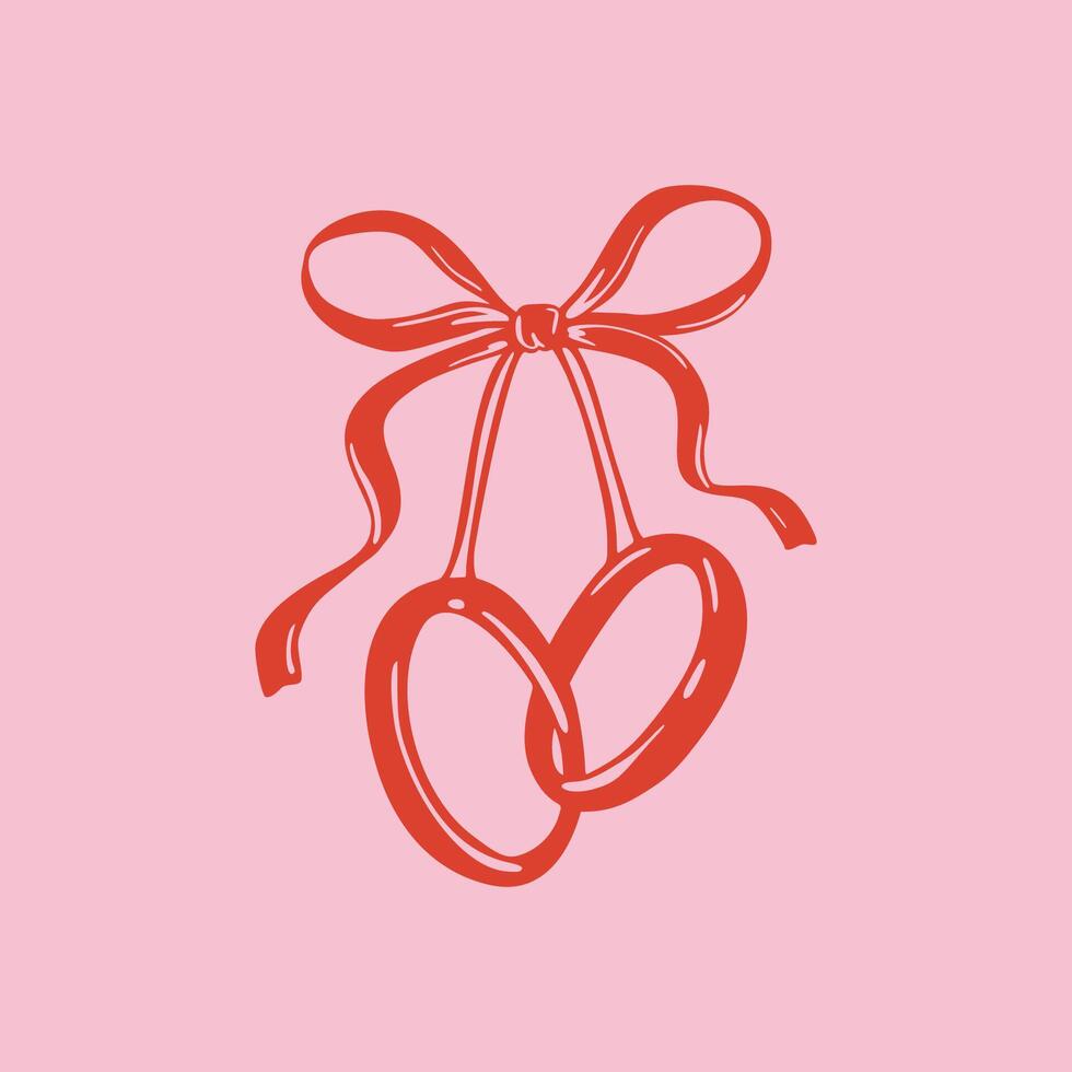 Interlocked hand drawn two wedding rings. Coquette whimsical bow ribbon sketch doodle illustration.Love Valentines day concept. Vintage invitation, bachelorette, engagement party design element vector