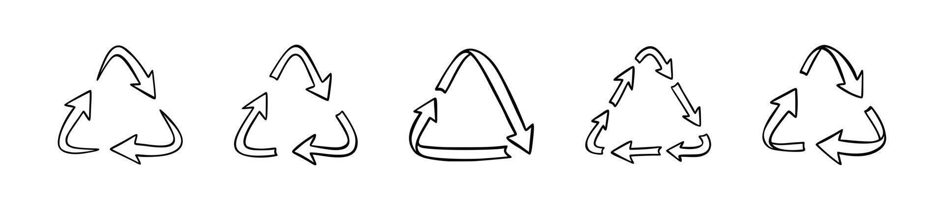 Set of hand drawn doodle triangle recycle symbol. Reuse sign drawing. Plastic, waste, paper mark and code background. Garbage identification sketch icon. Ecology label. Arrow circulation vector