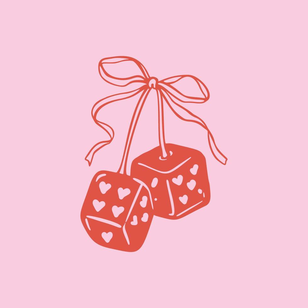 Girly hand drawn linocut cherry dice with cute bow ribbon. Poker, casino, blackjack, bingo concept. Lucky game day. Vintage coquette print design. illustration in doodle sketch style vector