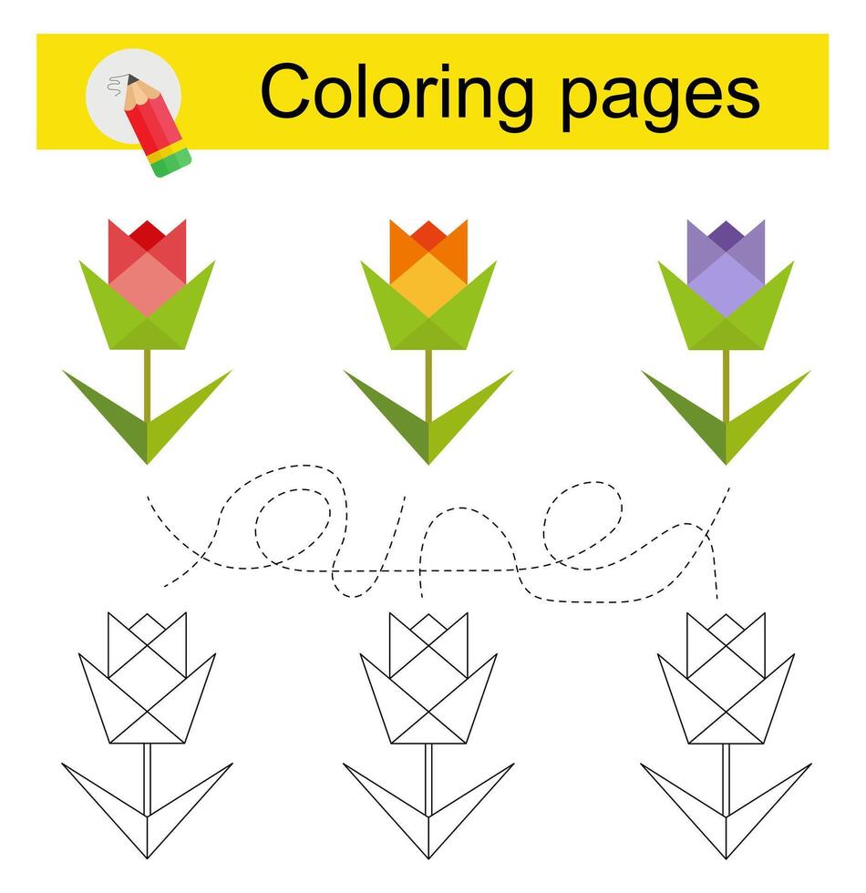 Game for kids. Go through the maze and color a cartoon flower according to the pattern. vector