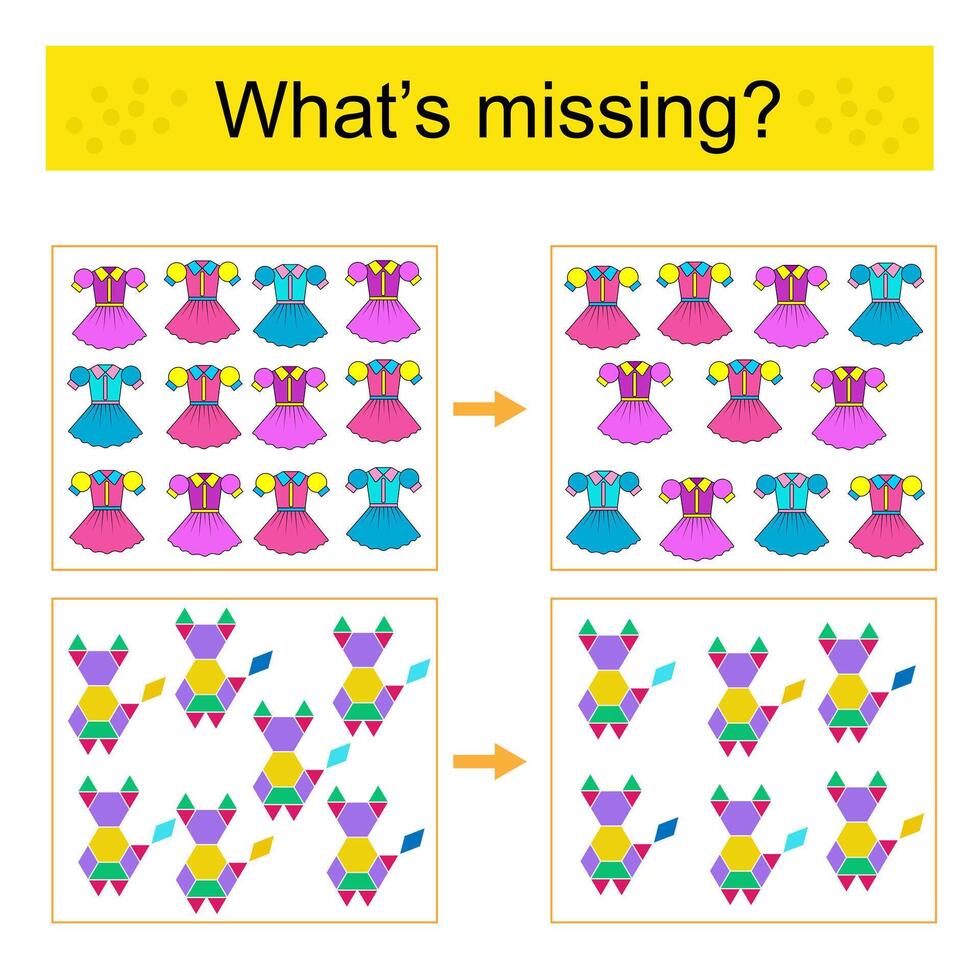 Fun puzzle game for kids. Attention task. Find the missing object. vector