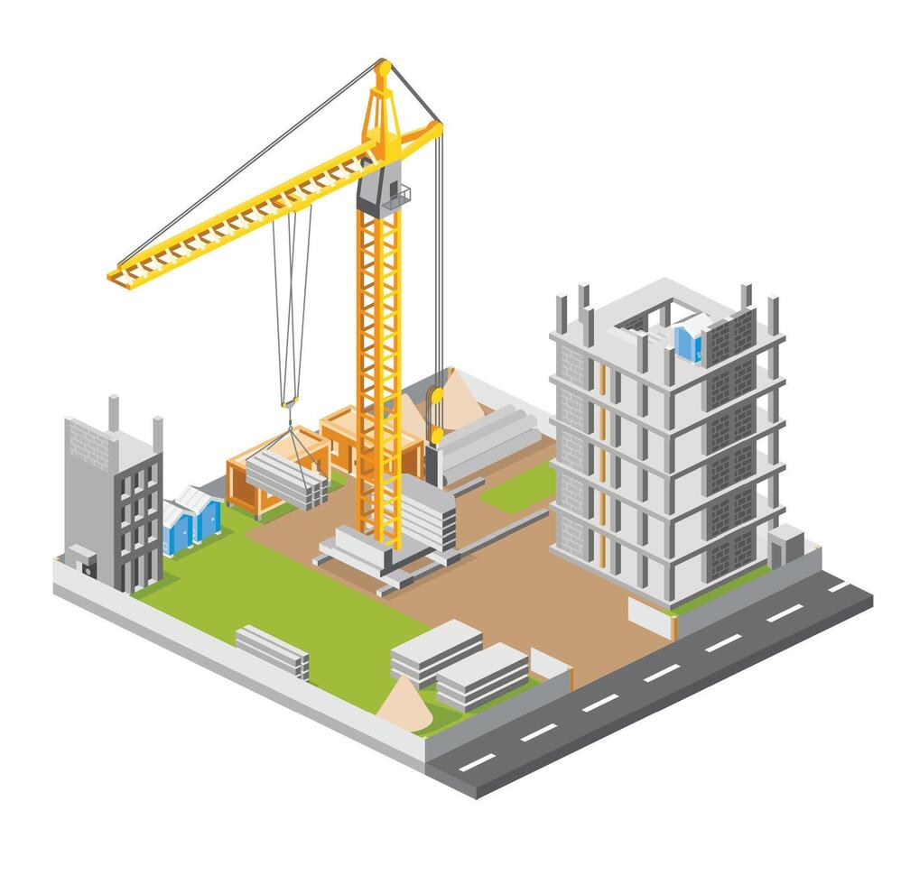 Construction site with crane and skyscraper. Process of building multi-storey building. Industrial technology. Isometric monolithic frame building and tower crane vector