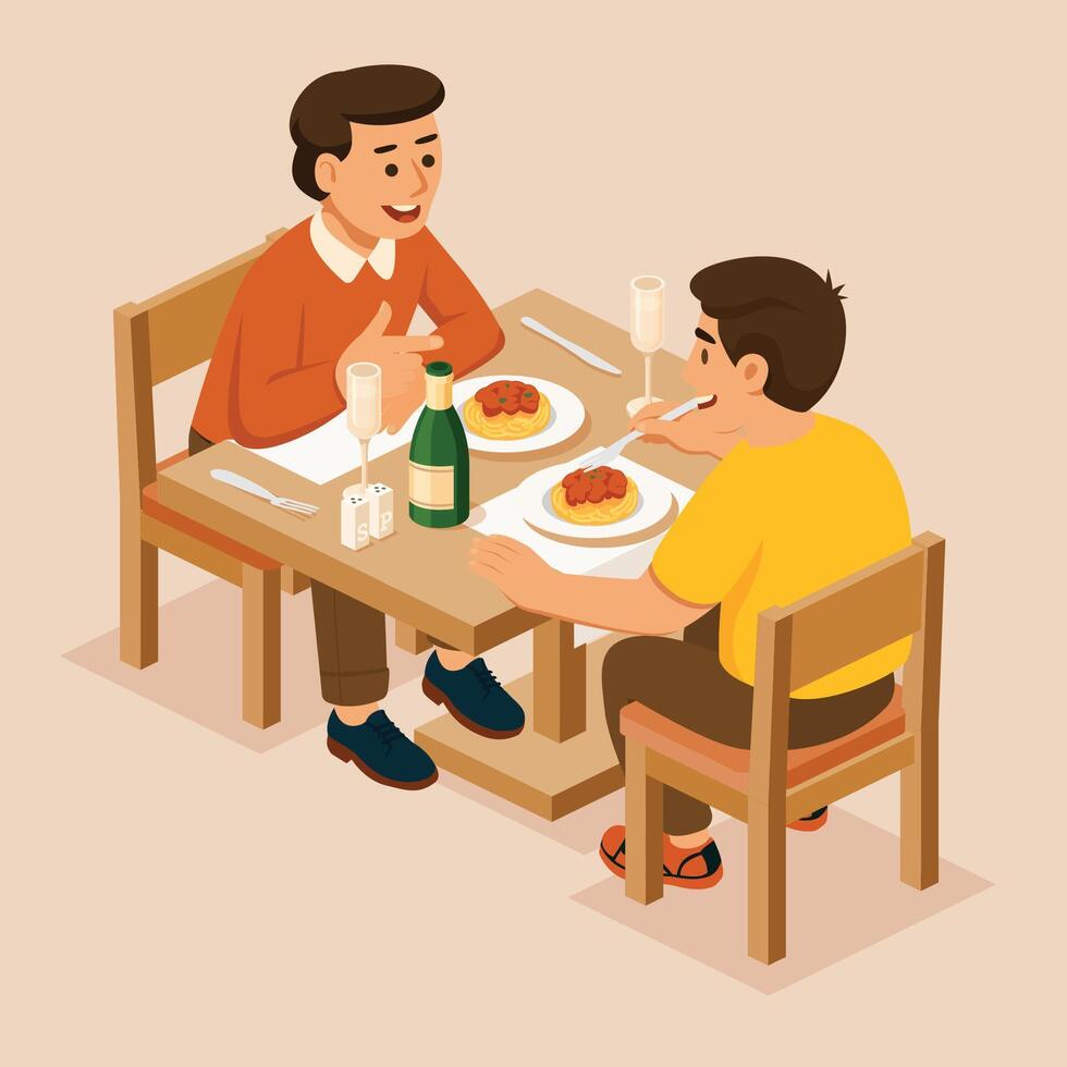 Two men sitting at a restaurant table, enjoying a pasta meal and having a conversation. Isometric illustration. Champagne bottle, glasses. Hospitality and restaurant concept. vector