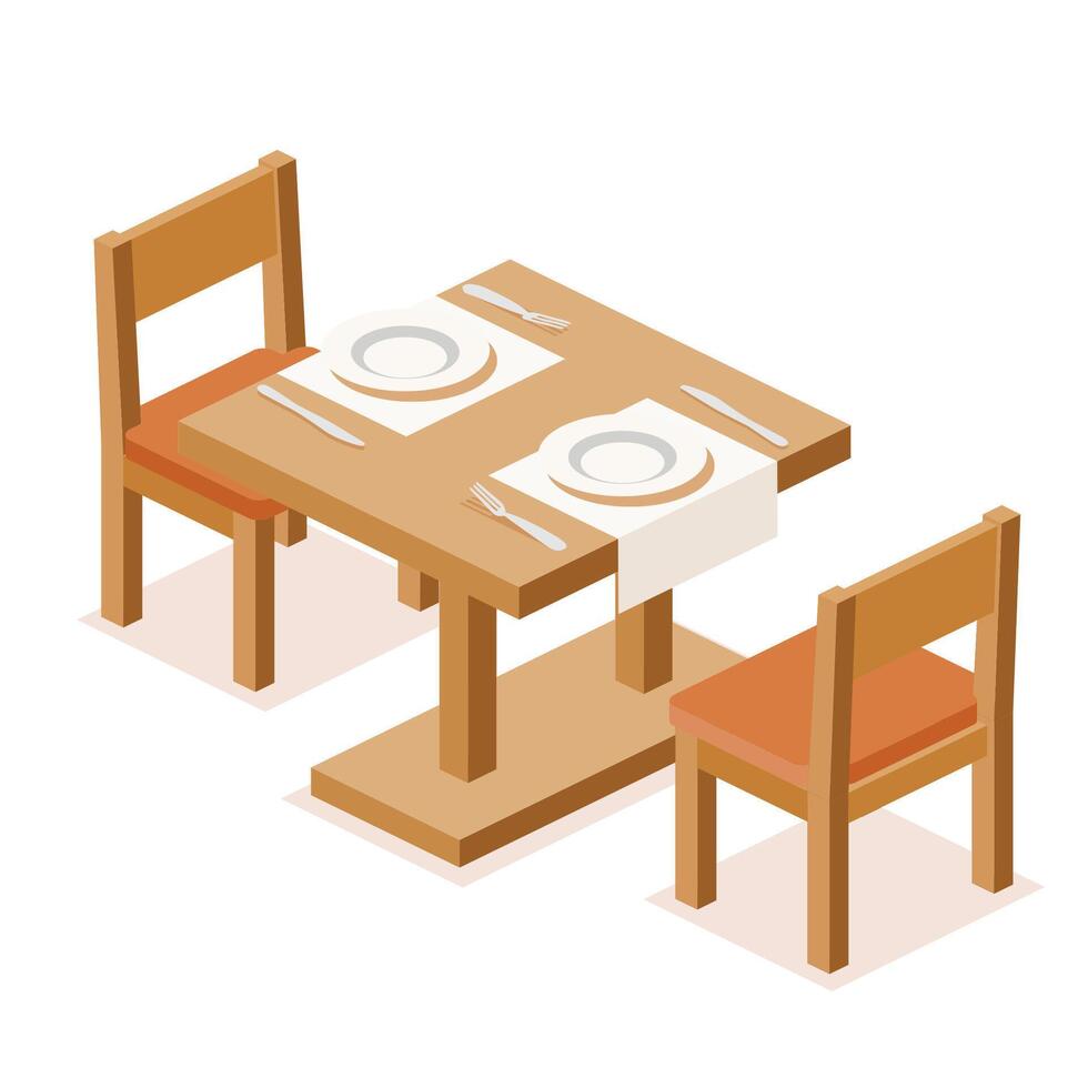 Wooden dining table with two chairs isolated on white. The setup with plates, forks, knives, and napkins. Restaurants, cafes, hospitality concept. Infographic element. vector