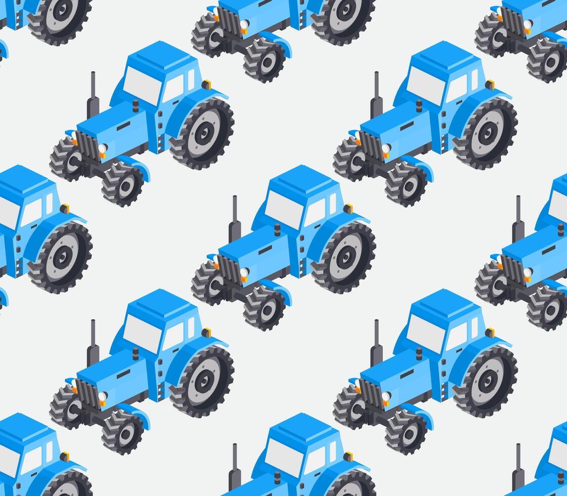 Seamless pattern with isometric tractors. Blue cabin. Large heavy modern agricultural tractor for fieldwork. Fabric Pattern. vector