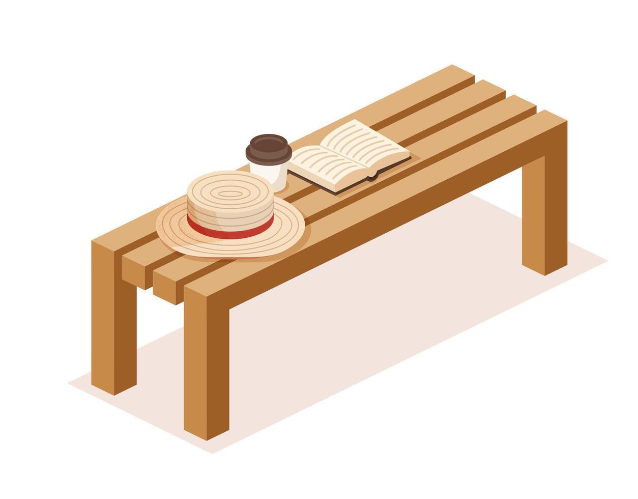 Isometric wooden park bench with boater hat, open book and takeaway coffee cup. Peaceful outdoor moment. Concept of relaxation, leisure, reading in the park, or summer lifestyle. vector