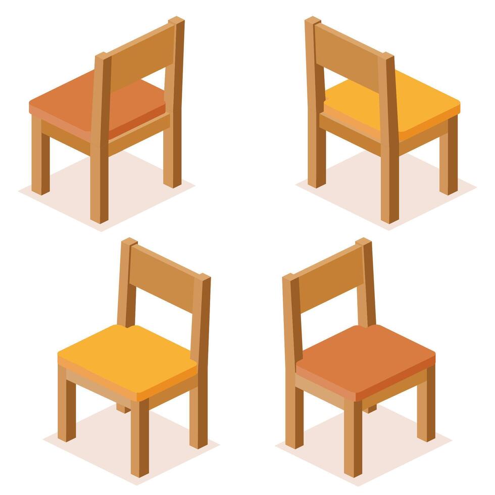 Set of four isometric wooden chair with a soft orange-brown cushion seat, shown from different angles. Interior design concept, game assets, architectural visualizations, and educational materials vector