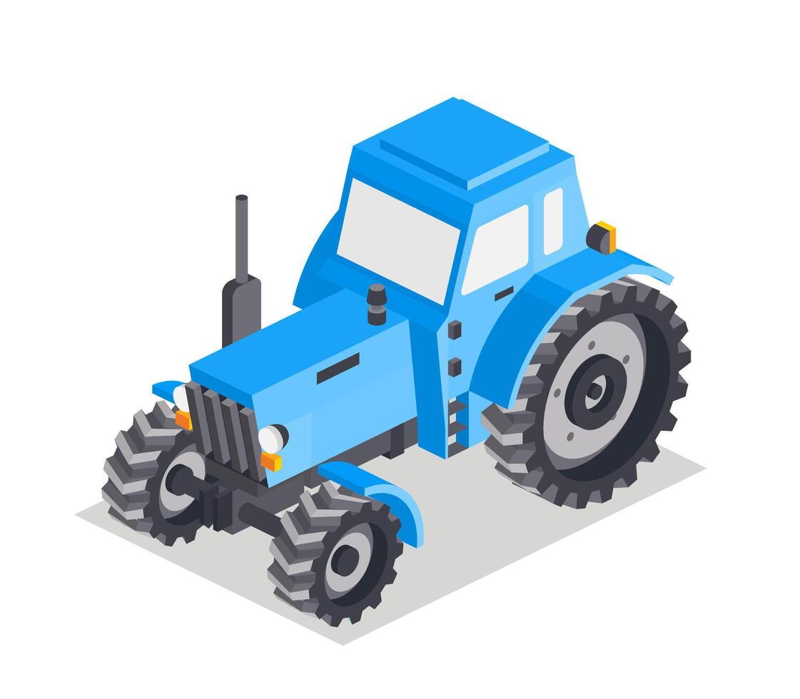 Isometric tractor isolated on white background. Blue cabin. Large heavy modern agricultural tractor for fieldwork. vector