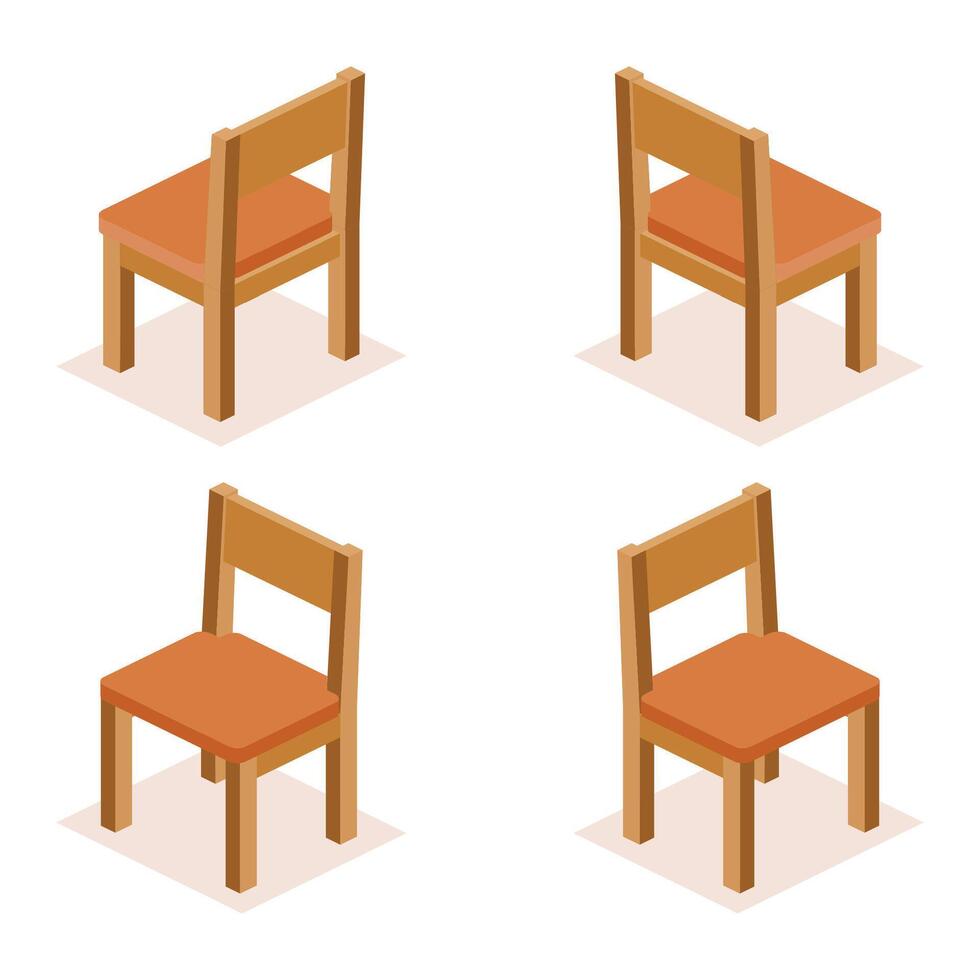 Set of four isometric wooden chairs with a soft orange-brown cushion seat, shown from different angles. Interior design concept, game assets, architectural visualizations, and educational materials. vector