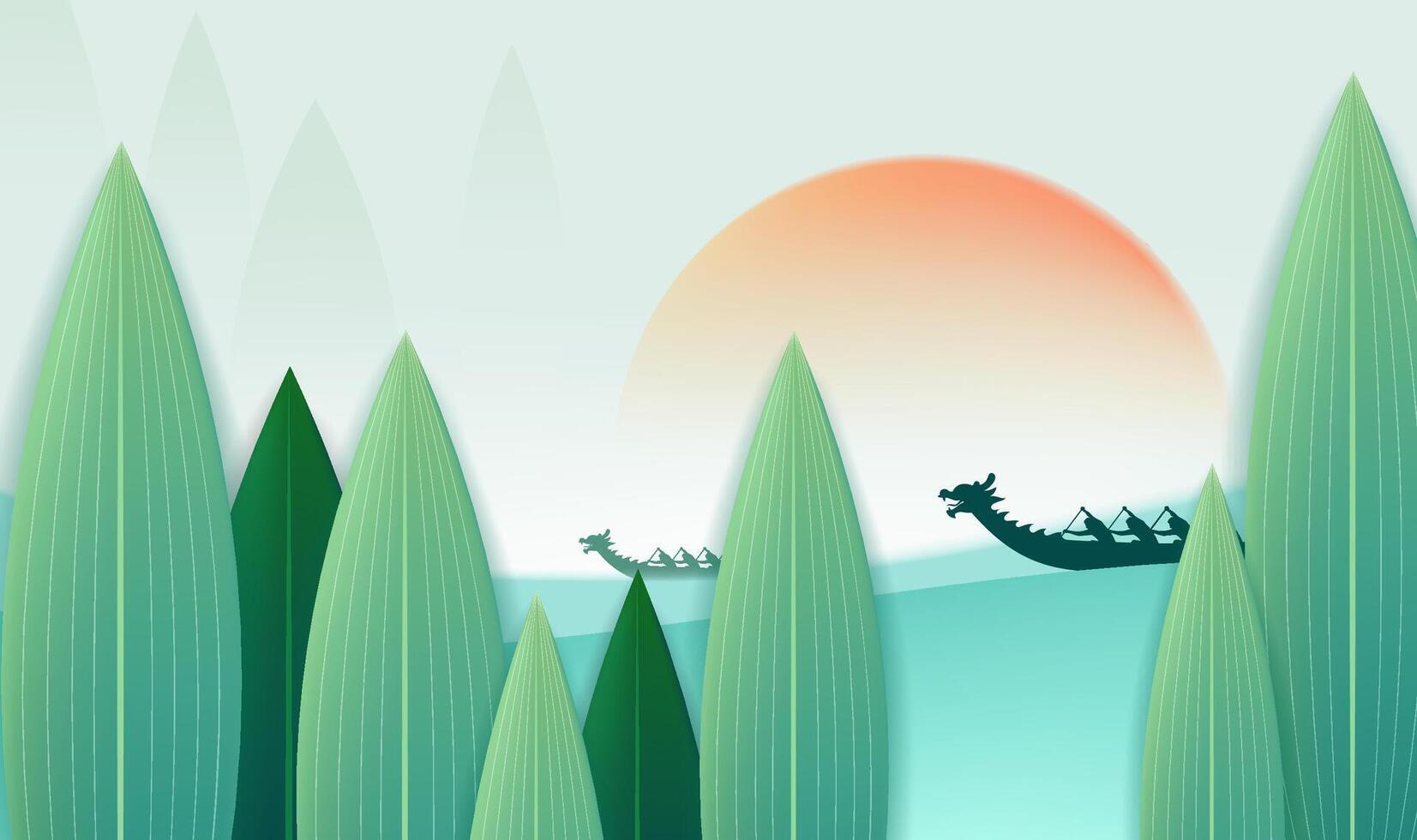 Dragon Boat Festival horizontal illustration reed leaves across the dragon boat vector