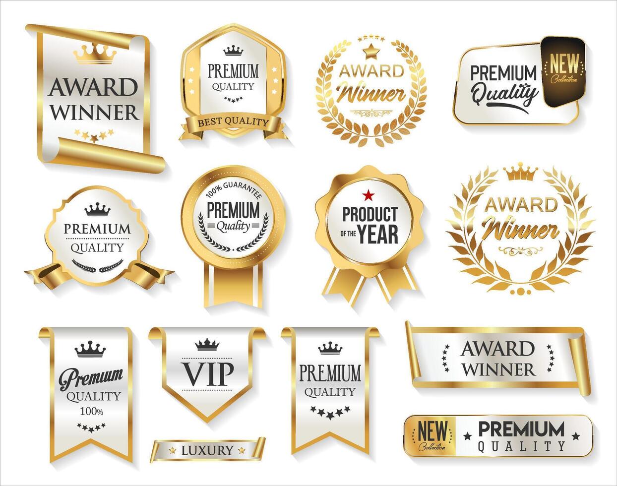 Top rated and award winner gold badge and emblem collection stock illustration vector