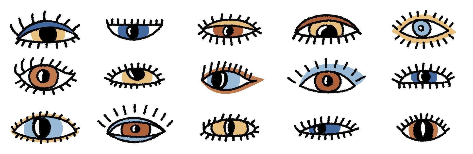 Set of ink drawn eyes. Colorful human parts of faces elements, various opened eyes. Modern grunge ink vision icon, ophthalmologist symbol vector