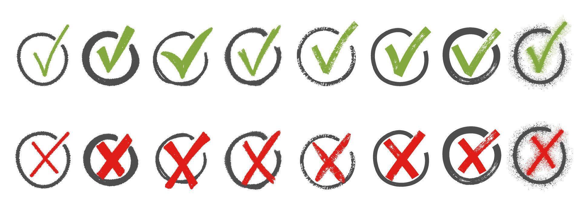 Brush, marker drawn green check mark and red cross circle icon set. Collection of hand drawn doodle tick symbol, chalk approval and cancel marks vector