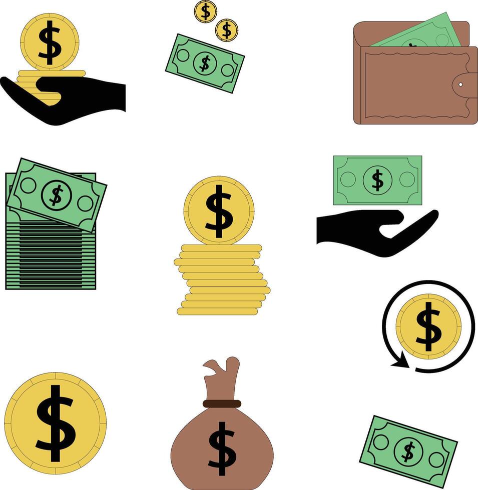 Money, Finance Icon Set with Coins, Cash, Wallet, Hand, Bag, and Dollar Symbols vector