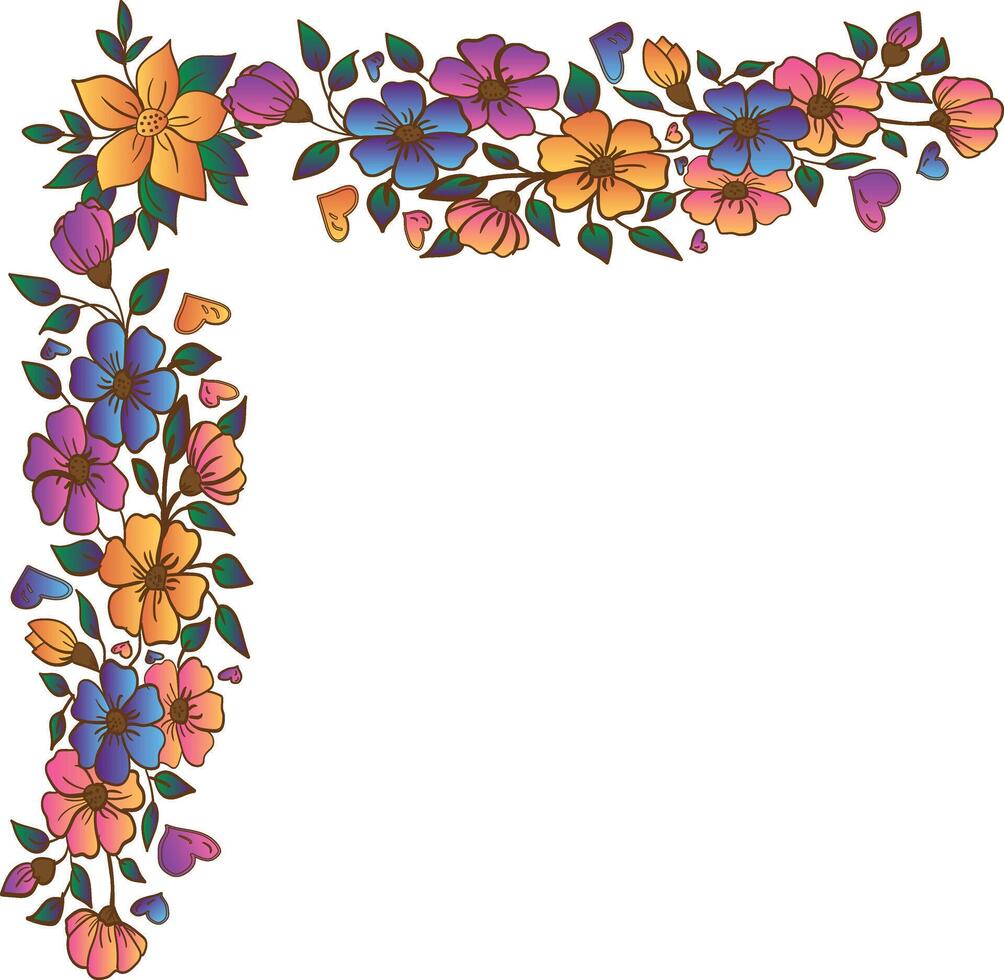 Colorful floral border frame with vibrant spring flowers in the corner on white background vector