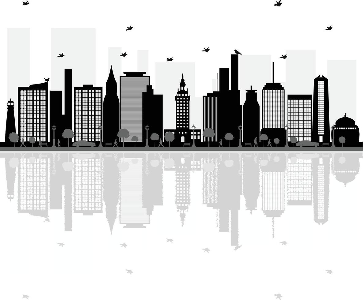 Miami city skyline silhouette with reflection and birds vector