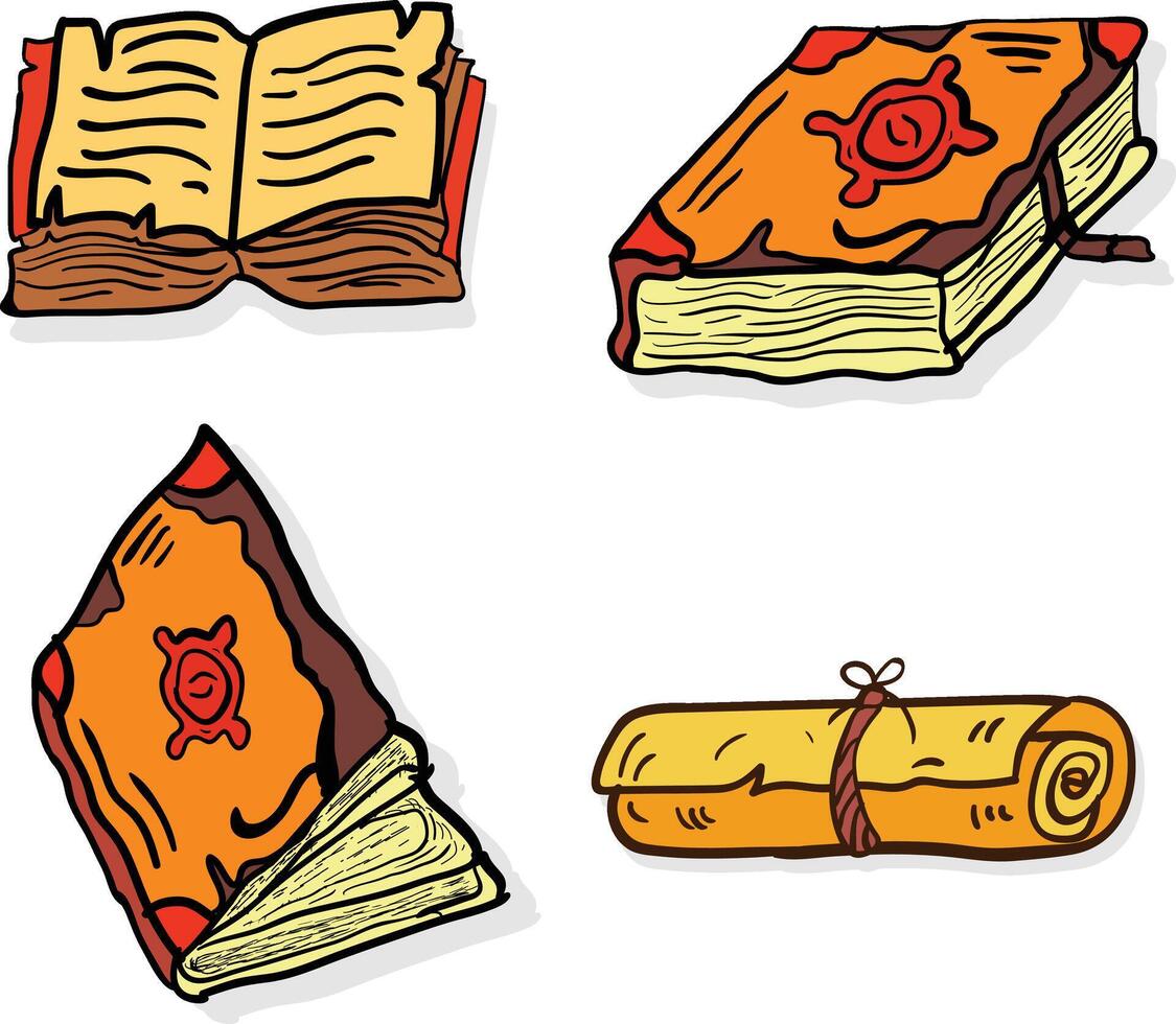 Ancient books and scroll, hand drawn vintage style vector