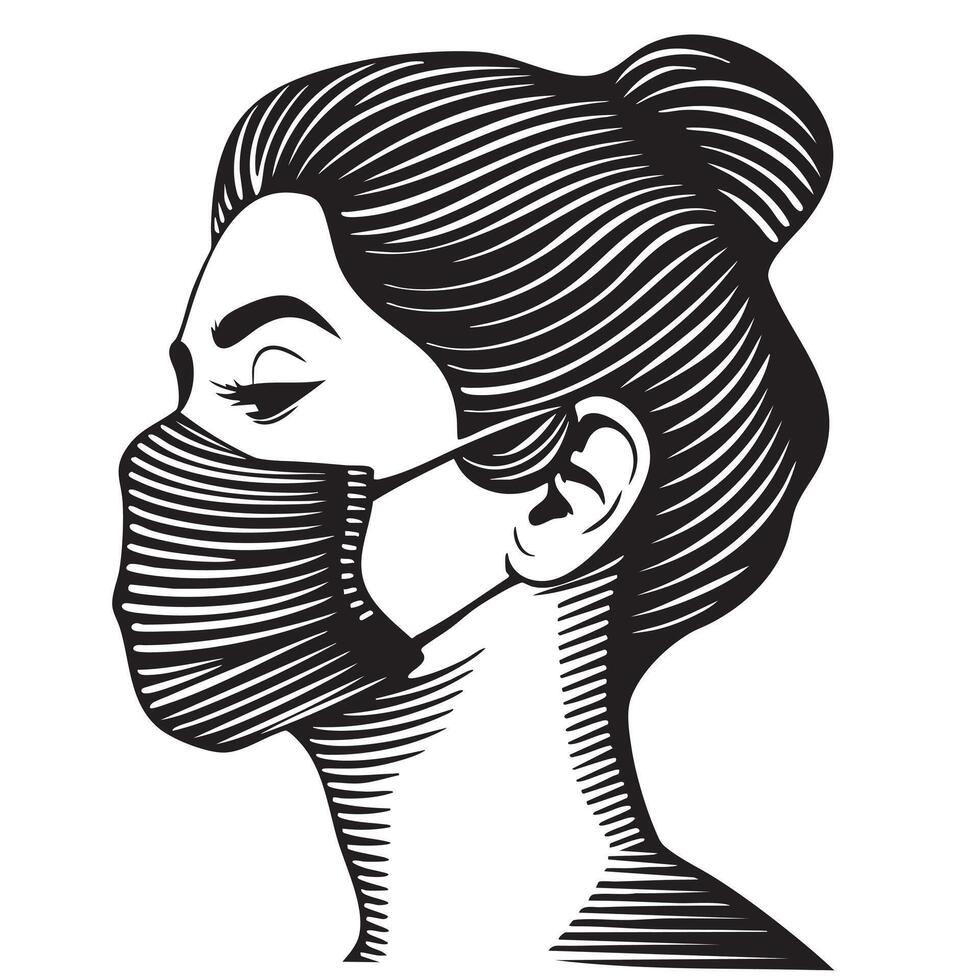 Woman face wearing anti air pollution mask illustration. Portrait . vector