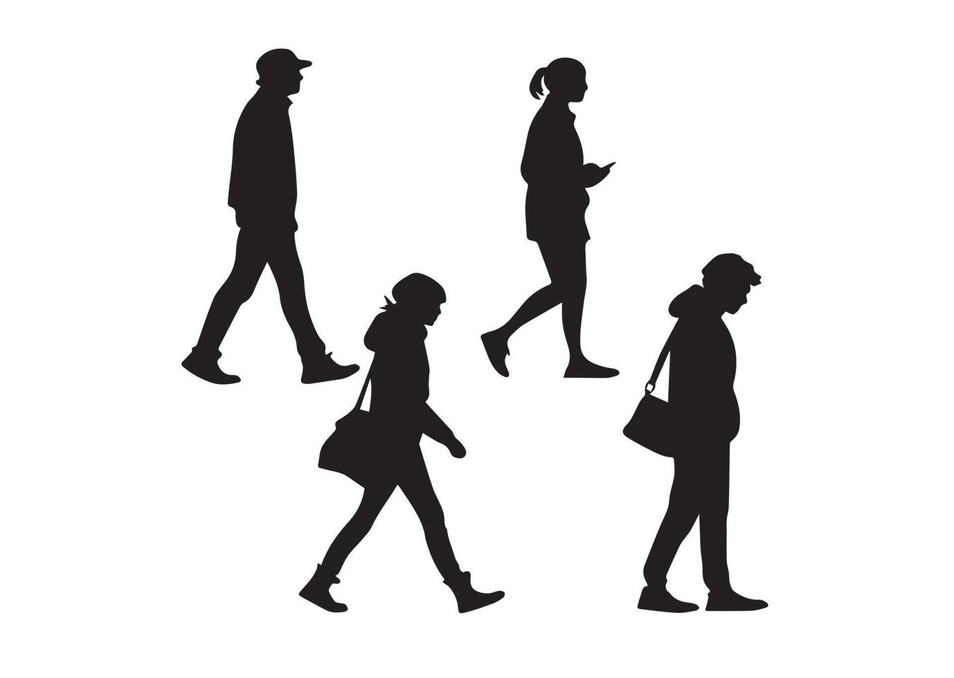 A collection of silhouetted figures walking in various poses, ideal for illustrating movement and lifestyle themes. vector