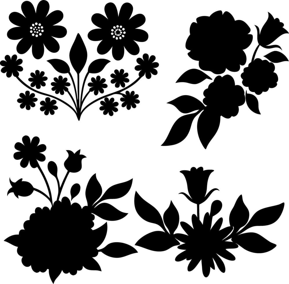 Black Silhouette Floral Arrangements Flowers, Blooms, Leaves, and Stems on White vector