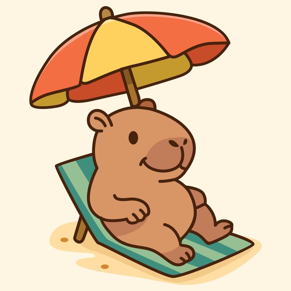 Cute Capybara Relaxing on Beach Chair with Umbrella vector