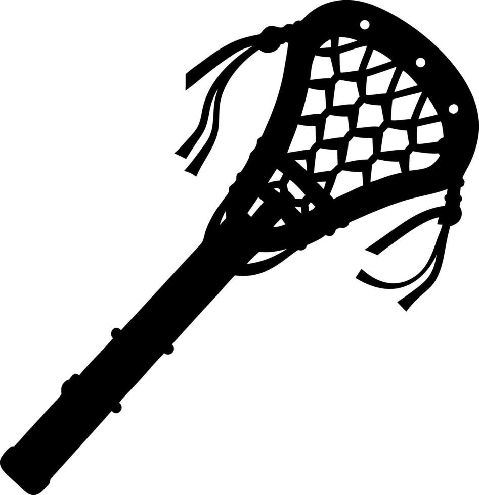 Isolated Lacrosse Stick Traditional Mesh Head, Black Shaft, Detailed Knotting Design vector