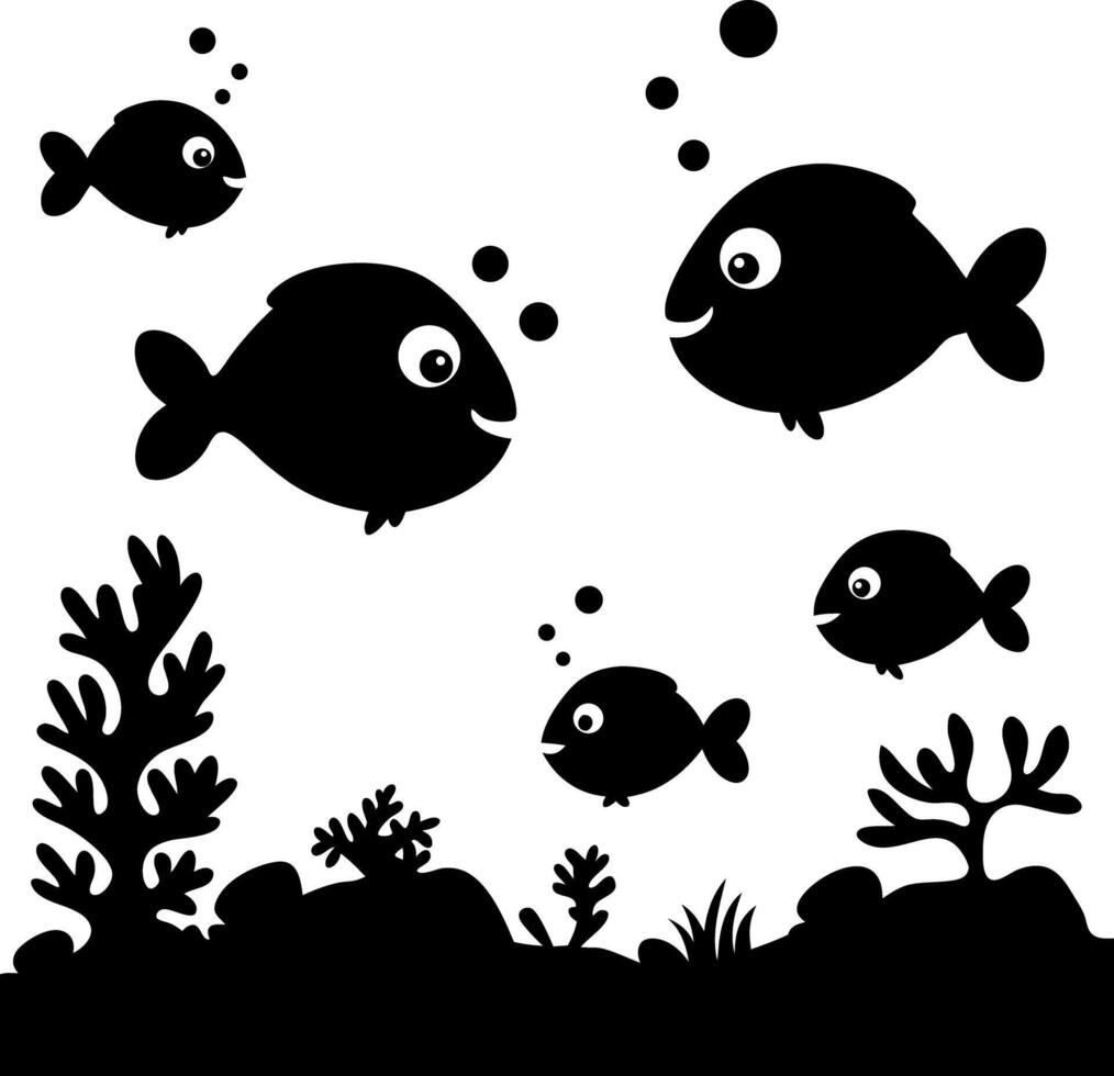 Playful Black Fish Silhouettes Swimming in Sea with Bubbles, Seaweed, and Coral vector