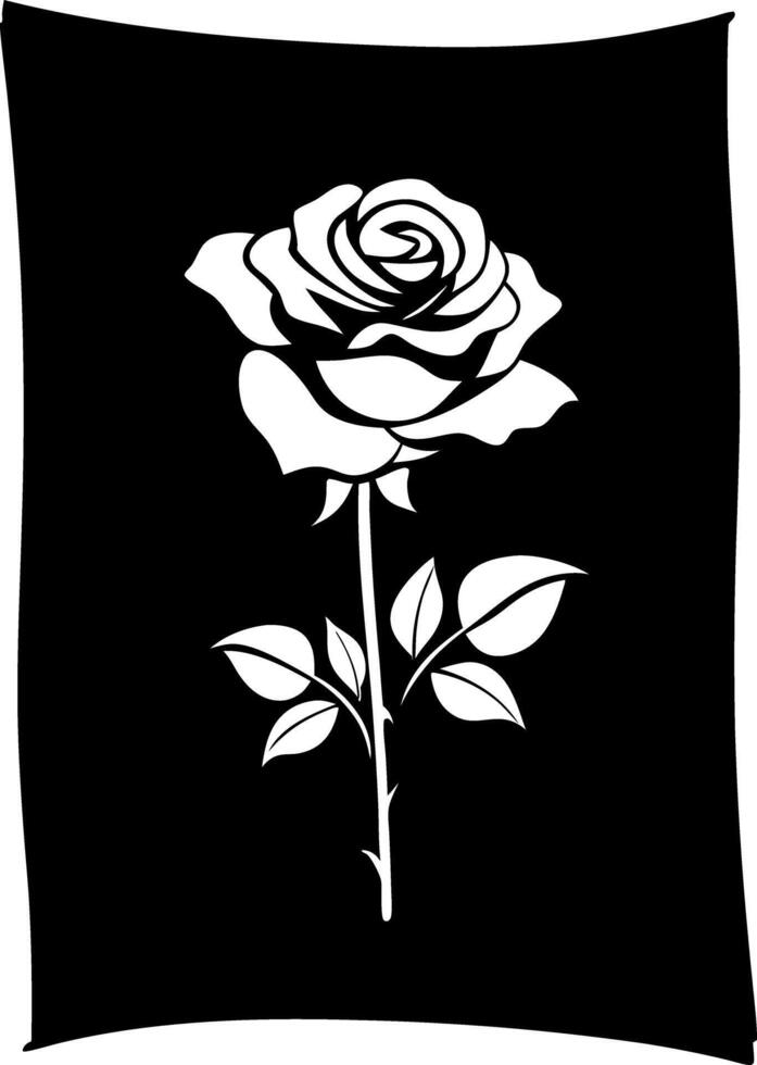 Elegant White Rose Silhouette Detailed Petals, Stem, and Leaves on Black Backdrop vector