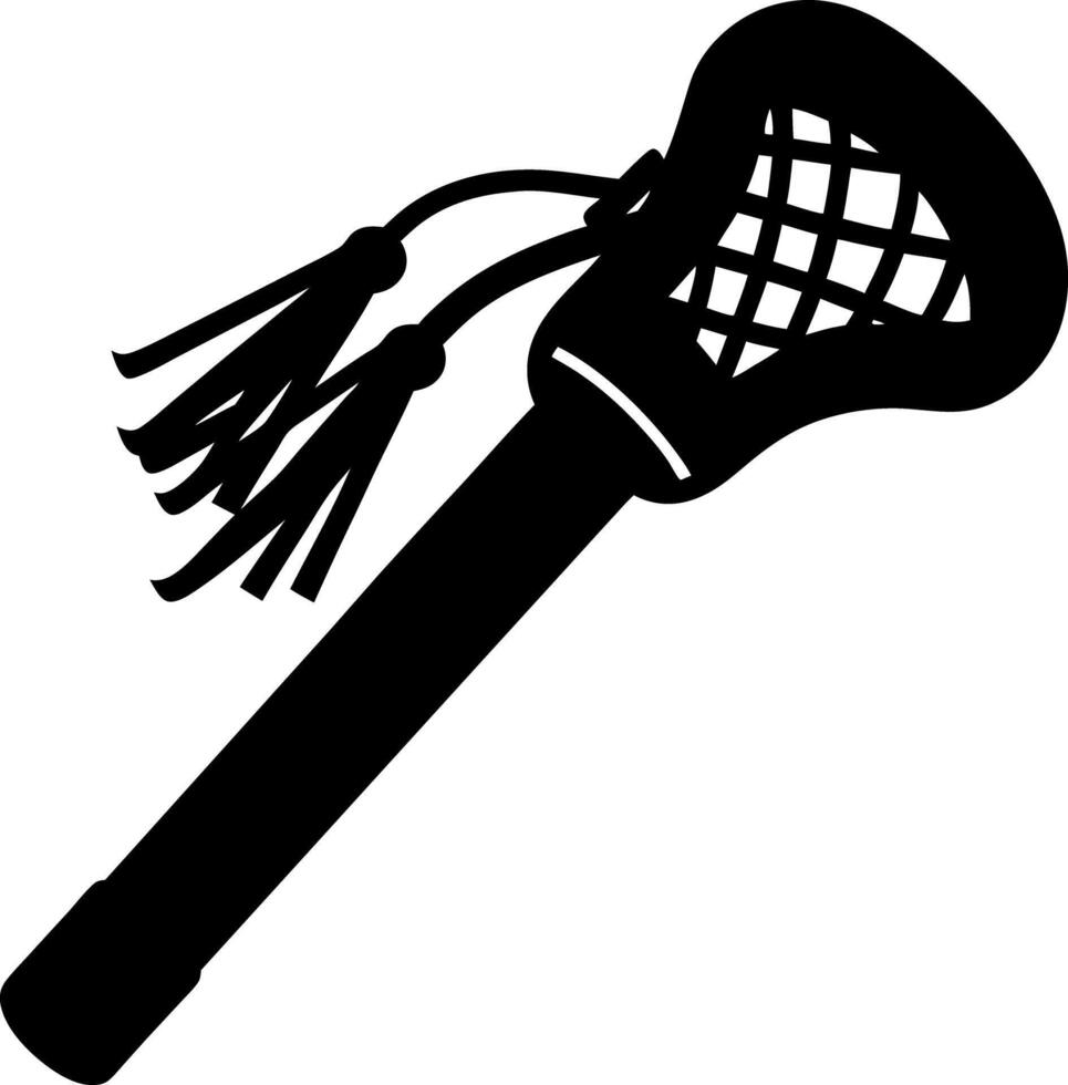 Black Silhouette of Classic Lacrosse Stick with Net and Tassels on White vector