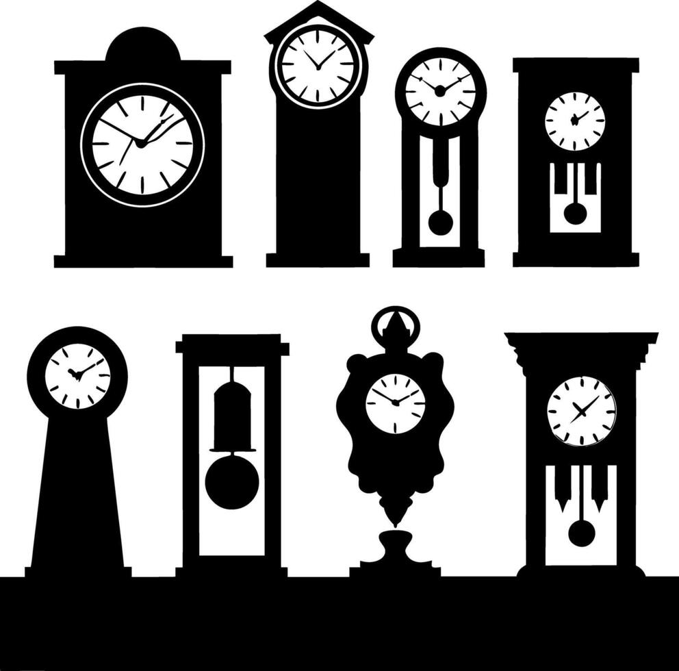 Clock Silhouettes Collection, Antique Clock Shapes, Various Vintage Clocks, Black Clocks vector