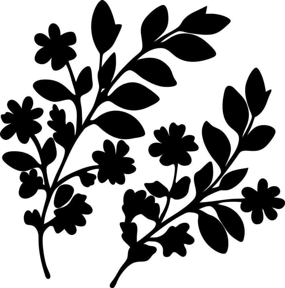 Black Silhouette Floral Branches with Leaves and Flowers Isolated on White Art vector