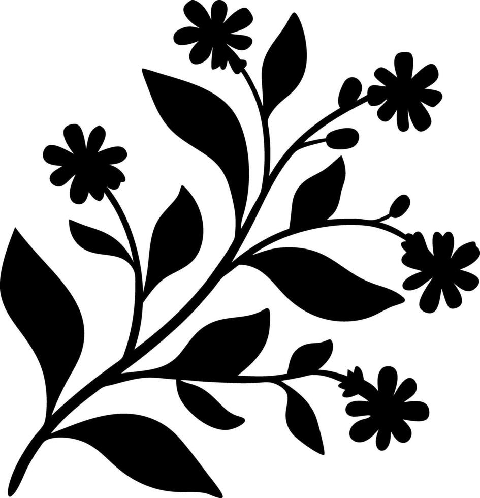 Botanical Black Silhouette Branch with Flowers and Leaves, Isolated vector