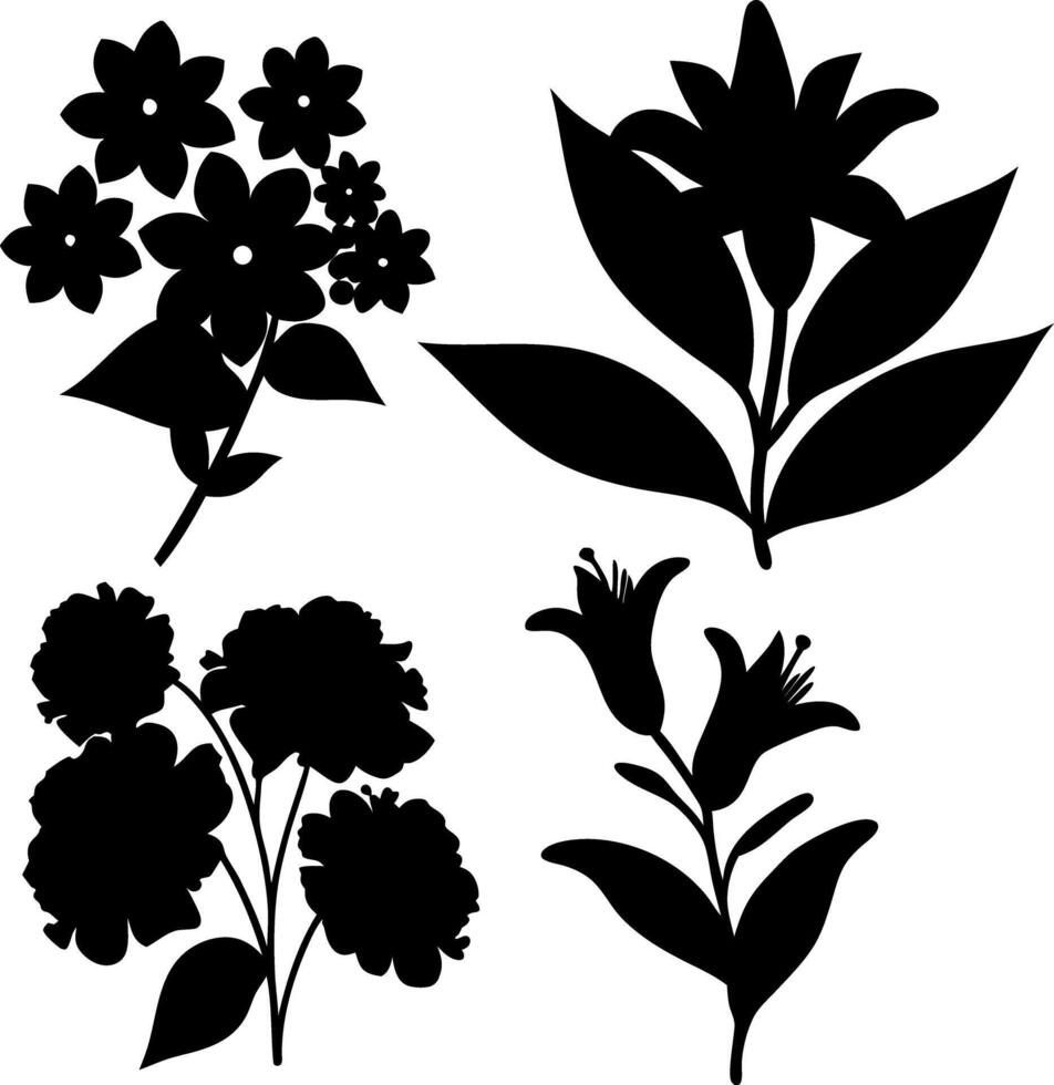 Four Floral Silhouettes Flower Blossom Cutouts, Decorative Black Botanical Illustrations vector