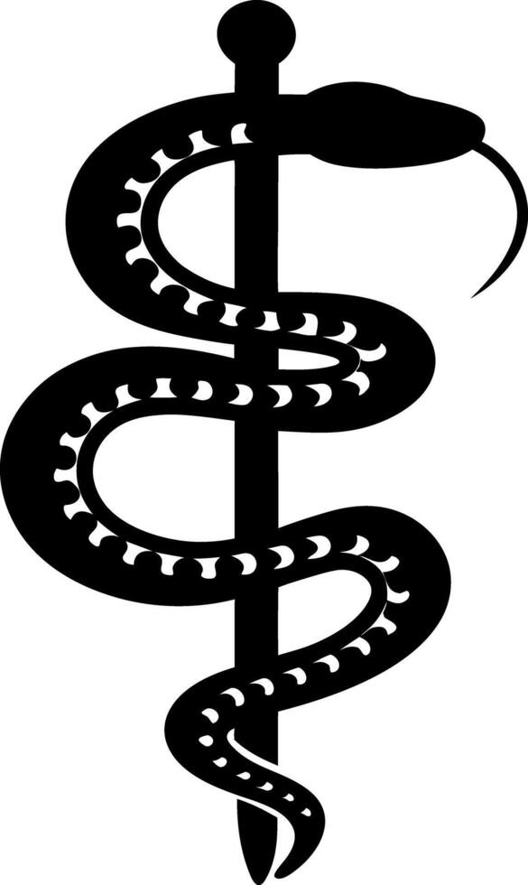 Rod of Asclepius Silhouette Single Snake Coiled Around Staff, Medical Symbol, Black vector