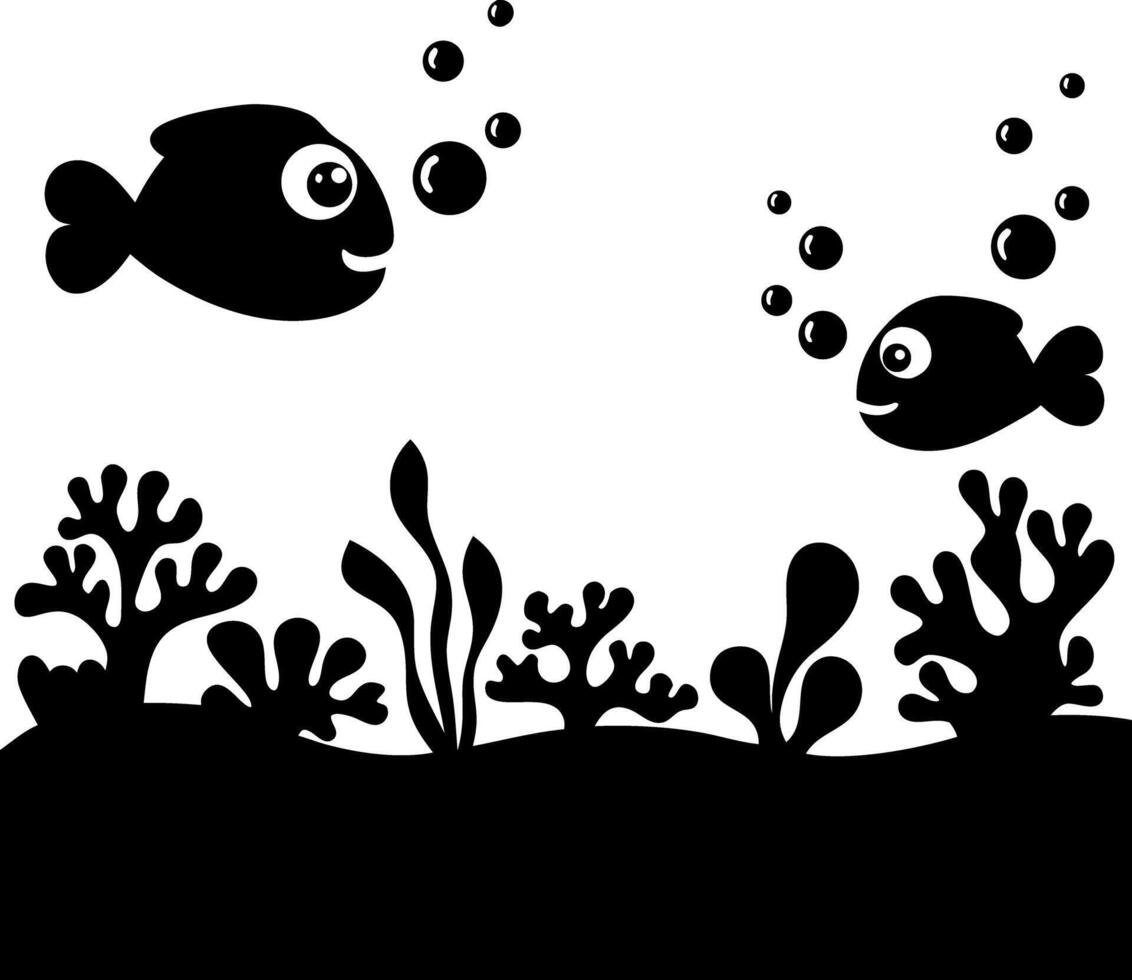 Undersea Black and White Silhouette with Fish, Coral, Seaweed and Bubbles vector