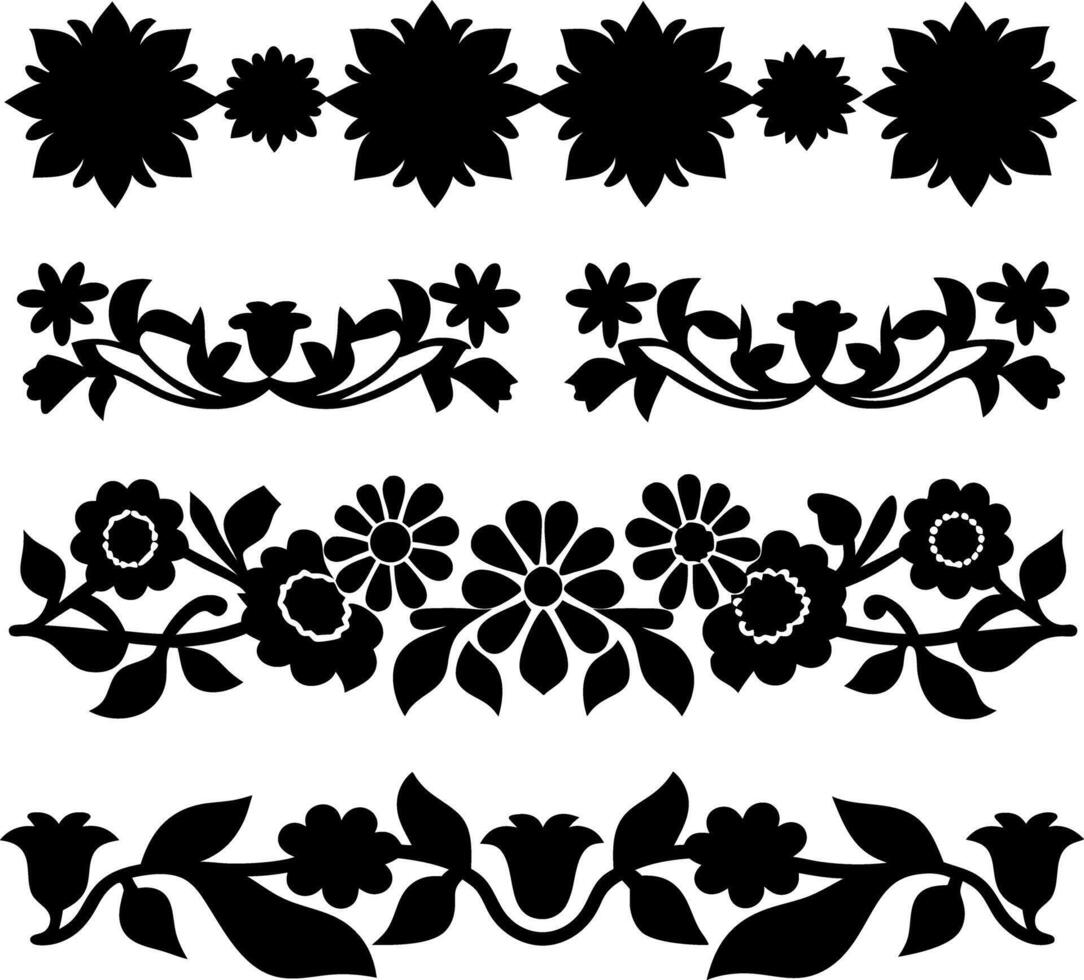 Floral borders set, black flower and leaf patterns, isolated on white background vector