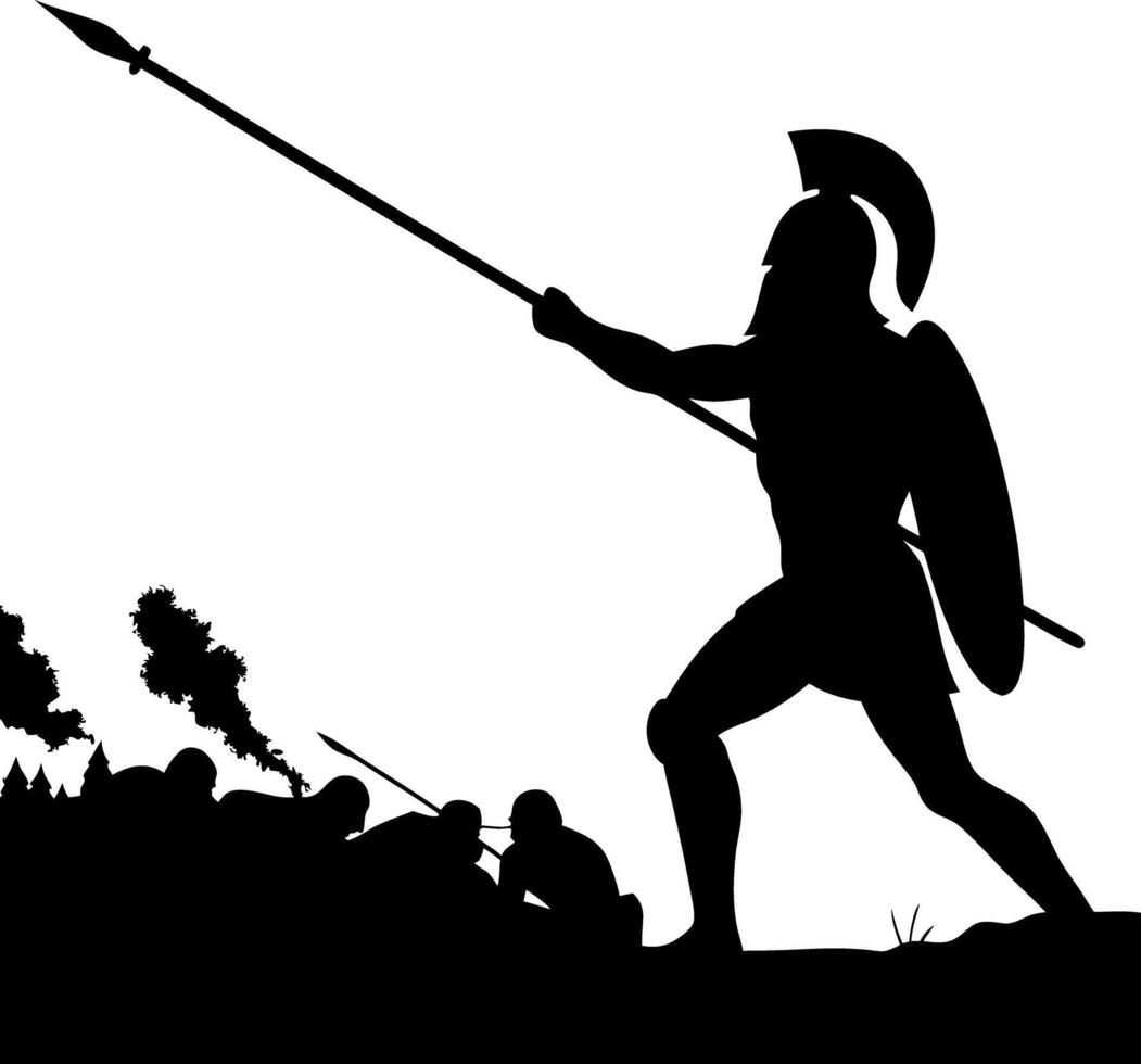 Spartan Warrior Silhouette with Spear, Shield, Attacking Force Black and White vector