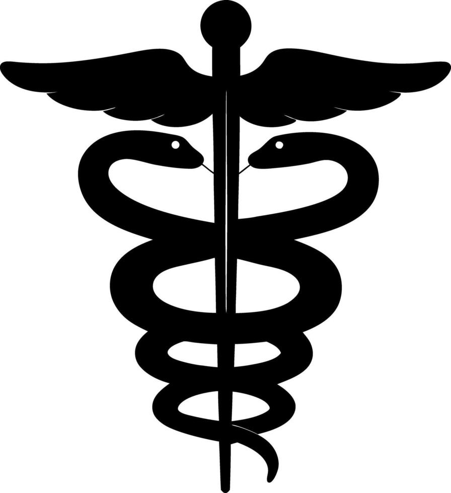 Simple Black Caduceus Symbol with Staff, Wings and Intertwined Snakes vector