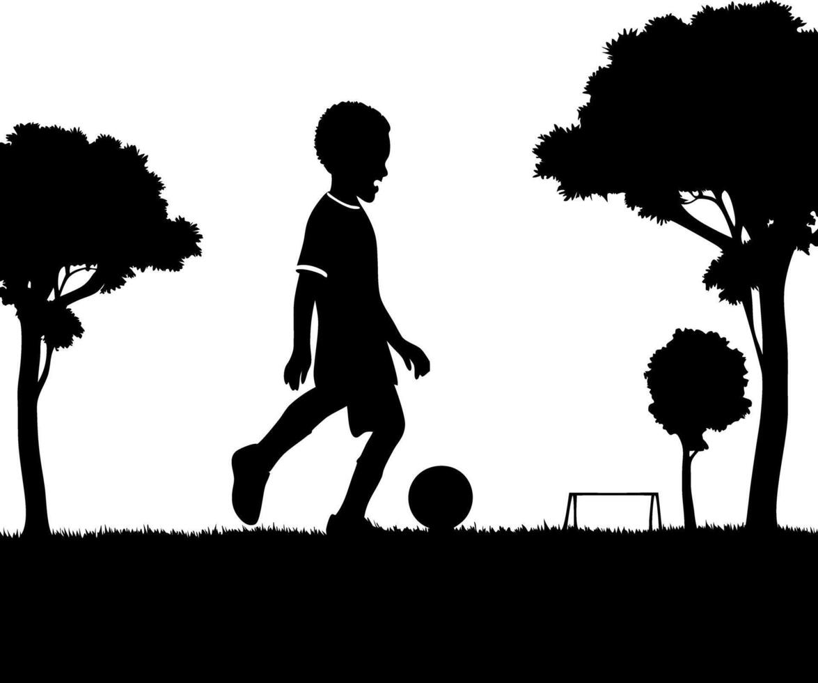 Black Silhouette Boy with Soccer Ball in Park, Trees, Grass, Goalpost, Isolated vector