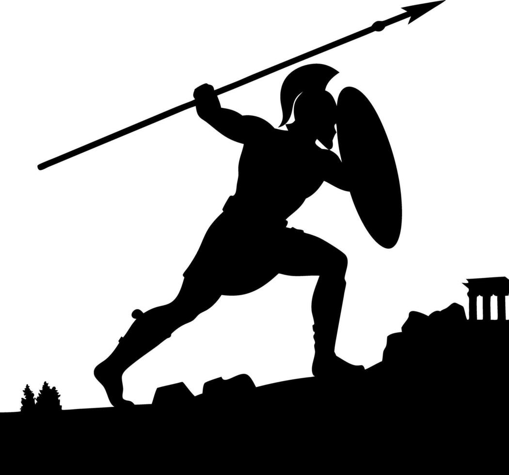 Spartan Warrior Silhouette with Spear and Shield on Rocks near Ruins vector
