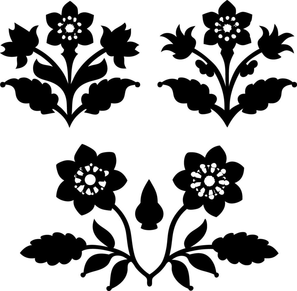 Silhouette Floral Elements Dark Flowers and Leaves on White Background Layout vector