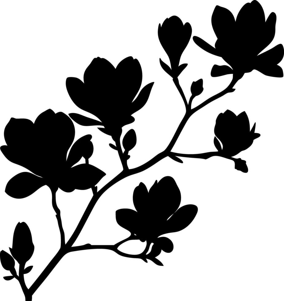 Magnolia Flower Branch Silhouette, Floral Blossom Tree Twig, Elegant Spring Bloom Art vector