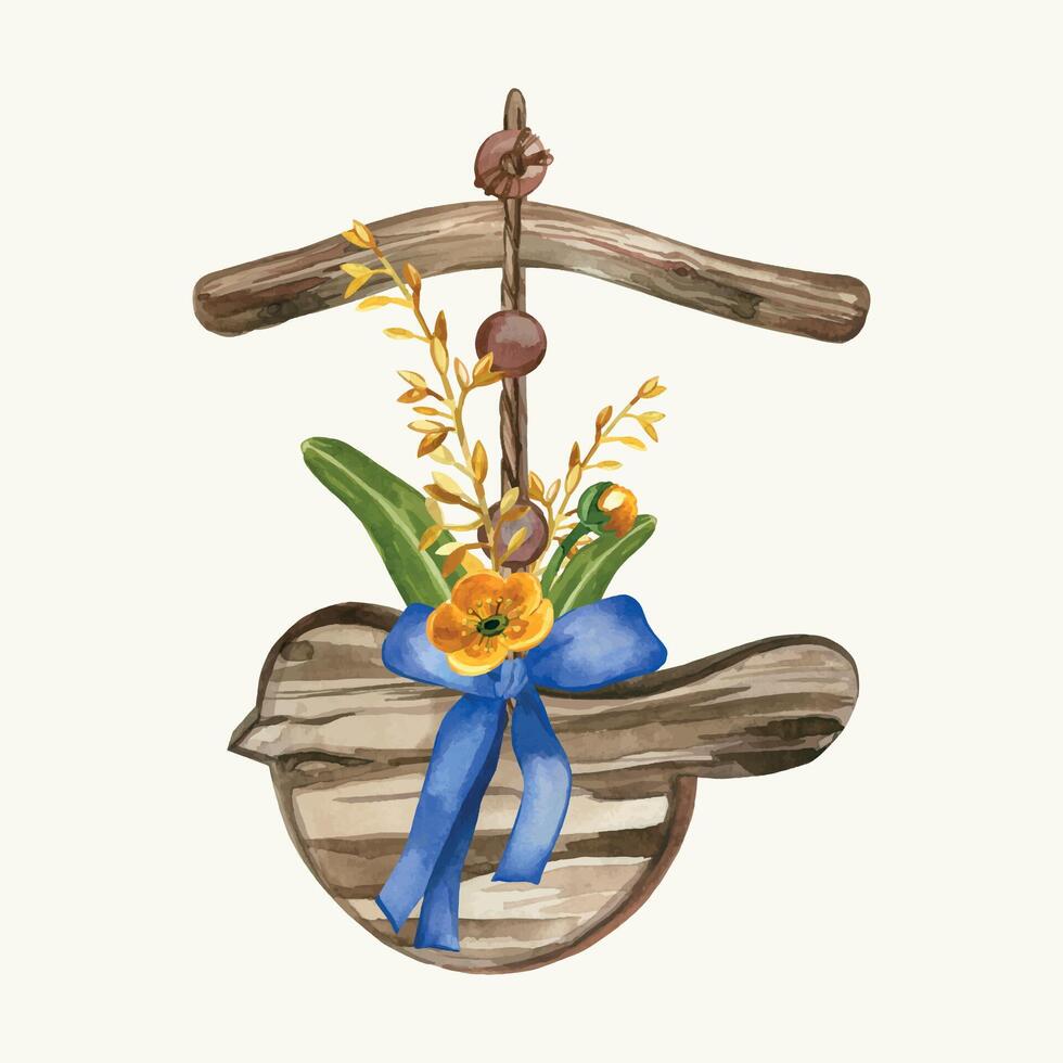 Wooden bird pendant with a bouquet of wild flowers, yellow buttercup, cereals, green leaves and a blue bow. All objects are hand-painted with watercolors. For printing on postcards, invitations vector