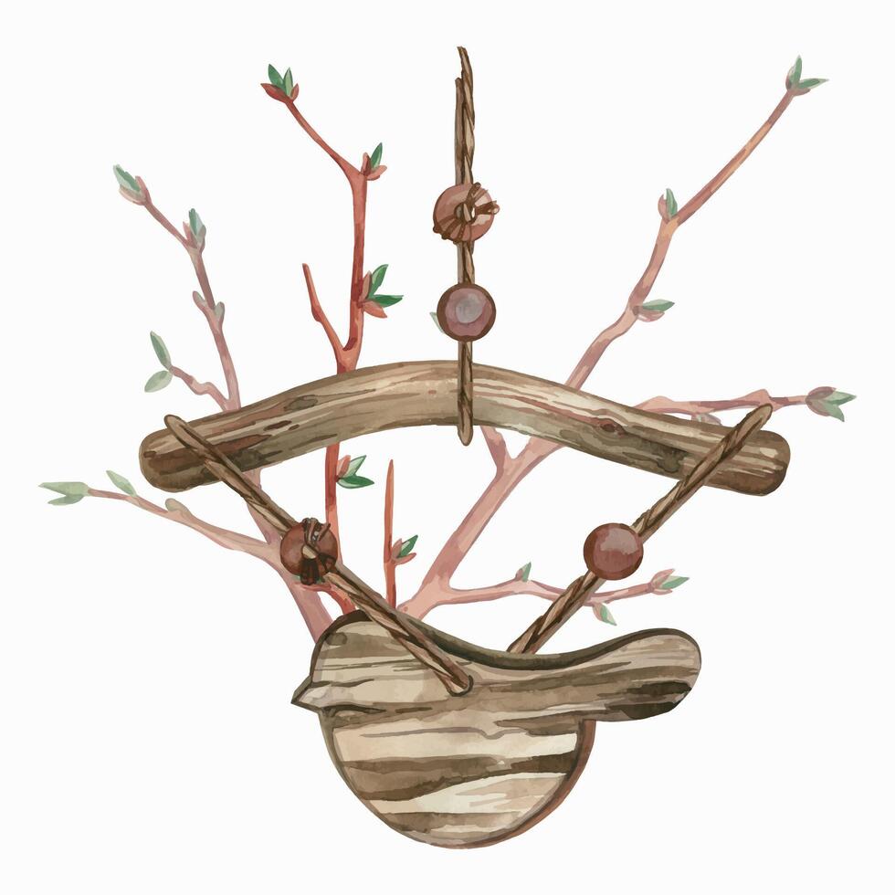 Wooden bird, pendant with beads and branches of young trees for home decoration. All objects are hand-painted with watercolors. For printing on fabric, paper, for designing invitations, postcards vector