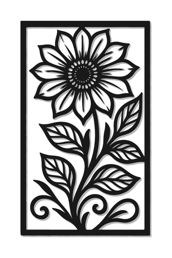 Floral Cutout Wall Art Design, Black Silhouette Flower with Leaves. Elegant floral cutout design featuring a bold black silhouette of a blooming flower with leaves. vector